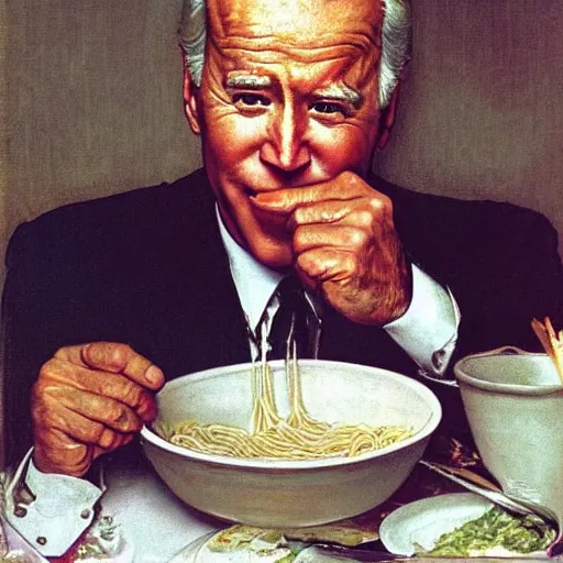 Image similar to joe biden eating a bowl of spaghetti, norman rockwell