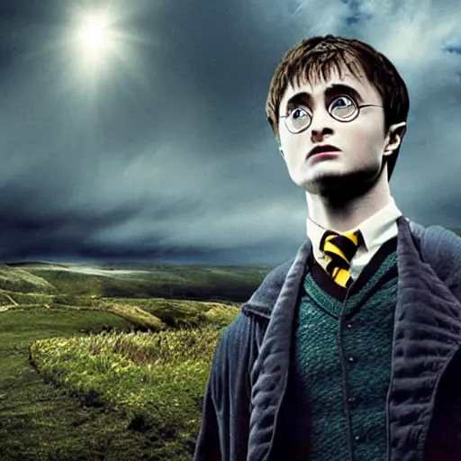 Image similar to Harry potter daniel radcliffe, yellow light spell, voldemort is visible, side view, thunderclouds, cinematic shot, wide shot, epic scale, photorealistic detail and quality, intricate cobblestone, magical special effects, movie still, nighttime, crescent moon, sharp and clear, action shot, intense scene, visually coherent, symmetry, rule of thirds, movement, photorealistic colors, cool colors transitioning to warm colors, modest tone, award winning, directed by Steven Spielberg, Christopher Nolan, Tooth Wu, Asher Duran, artstation