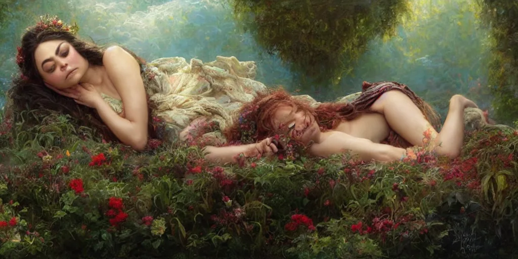 Image similar to Mila Kunis falling asleep, Lilia Alvarado, Sophie Anderson, Mark Arian, Bob Byerley, Charlie Bowater, Mark Brooks, Steve Henderson, Justin Gerard, Arthur Hughes, Edward Robert Hughes, Mark Keathley, Victor Nizovtsev, Carlos Shwabe, Ross Tran, WLOP