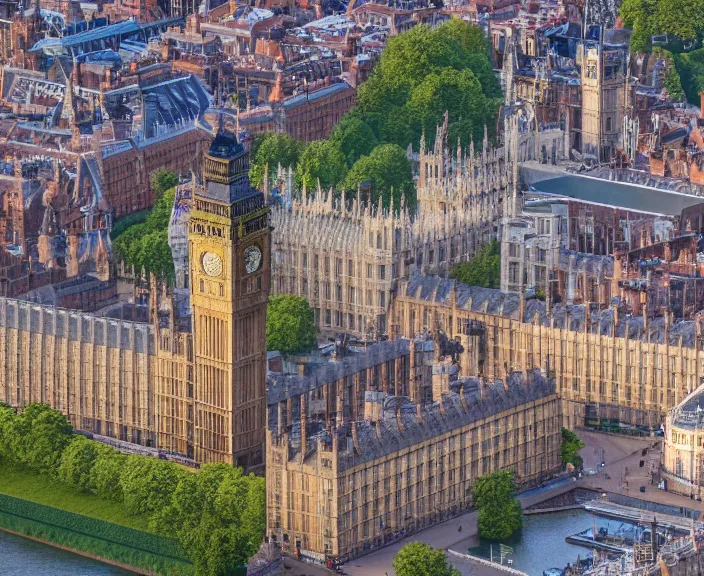 Prompt: 4 k hd, high detail photograph of buckingam palace and the big ben, shot with sigma f / 4. 2, 2 5 0 mm sharp lens, wide shot, volumetric lighting, high level texture render