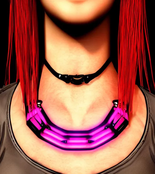 Image similar to detailed realistic female character cyberpunk wearing thick steel collar around neck, realistic, art, beautiful, 4K, collar, choker, collar around neck, punk, artstation, detailed, female, woman, choker, cyberpunk, neon, punk, collar, choker, collar around neck, thick collar, tight around neck, punk, choker, neon, neon, cyberpunk, technological