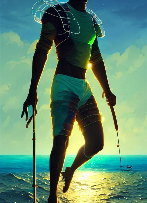 Image similar to portrait of a male jamaican fisherman sci - fi glowing fishing armor fishing rod cyberpunk muscular intricate elegant highly detailed digital painting artstation concept art, ocean background, reggae colors, cinematic, greg rutkowski, loish, rhads, ferdinand knab, makoto shinkai and lois van baarle, ilya kuvshinov, rossdraws, tom bagshaw