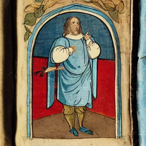 Image similar to a 1 8 th century illustration manuscript illustration of a medieval peasant holding a large blue trident above his head.