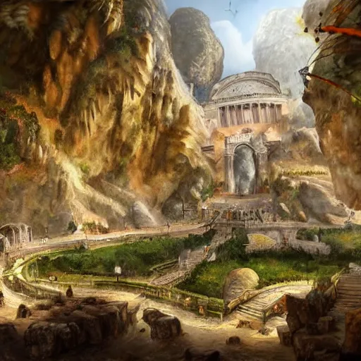 Image similar to the city of Rome but underground in an impossibly large cave,fantasy art,realistic,high quality,detailed