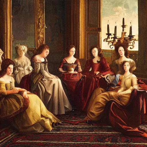 Image similar to fine art, oil on canvas. six women in a vast castle lobby wearing fine clothes, two of them are drinking tea. dark room with light coming through the right side. baroque style 1 6 5 6. high quality realistic recreation of illumination shadows and colors, no distortion on subject faces.