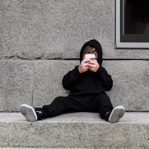 Image similar to a young boy with long greasy hair, wearing a black hoodie, looking down at his phone and slouching