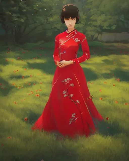 Image similar to a ultradetailed beautiful panting of a asian robotic female wearing traditional red ao dai, by ilya kuvshinov, greg rutkowski and makoto shinkai, trending on artstation