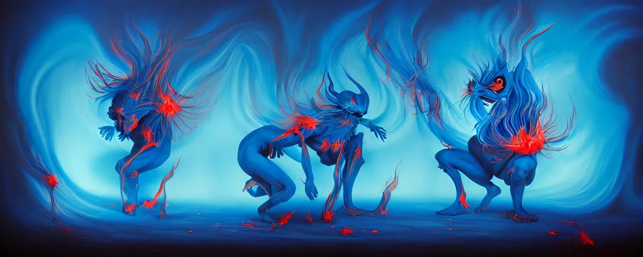 Image similar to whimsical blue fiery alchemical creatures, surreal dark uncanny painting by ronny khalil