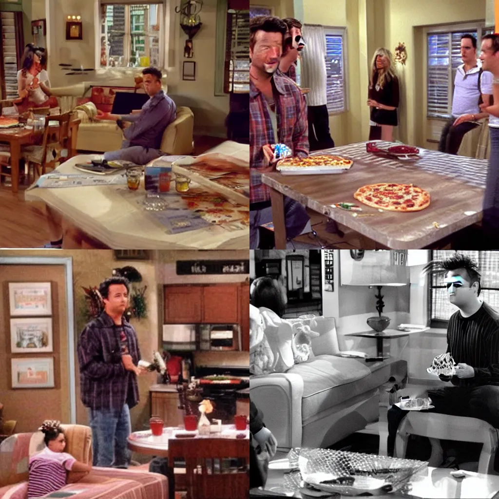 KREA - polaroid photo of Matthew Perry and matt leblanc eating pizza,  friends sitcom