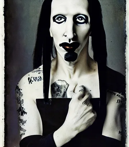 Image similar to portrait of marilyn manson by joel peter witkin and hieronymus bosch, high quality, high detail