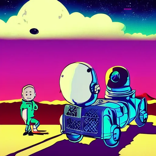 Prompt: Tintin at the moon, trending on artstation, synthwave