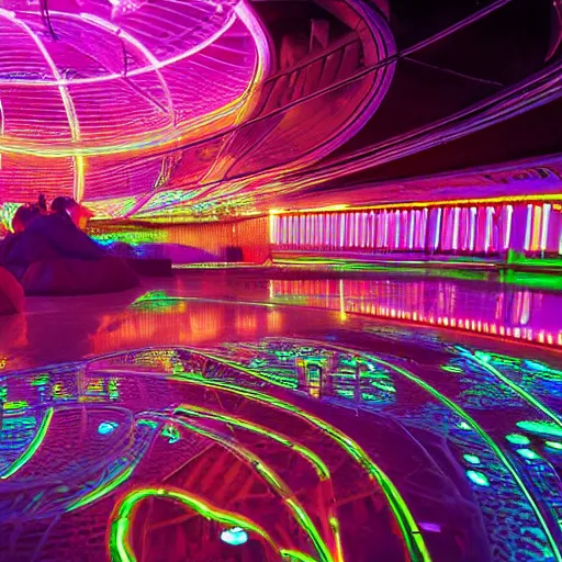 Image similar to 35mm film still blade runner set on Mars in an neon city, domes made of glas by Alex grey and Dan Mumford