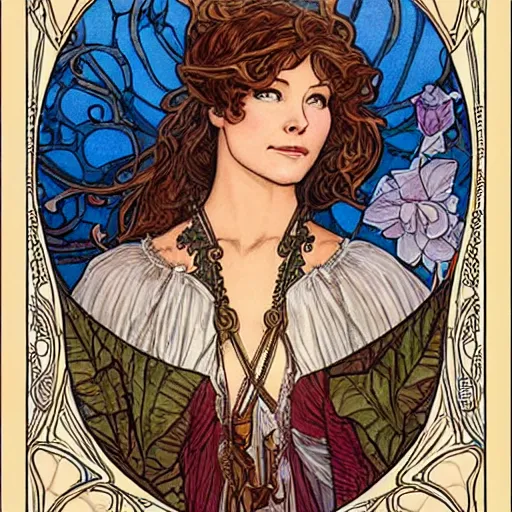 Prompt: evangeline lilly, mucha style,