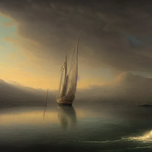 Prompt: a painting of a boat in the water, a detailed matte painting by jarosław jasnikowski, cgsociety, photorealism, matte painting, terragen, vray