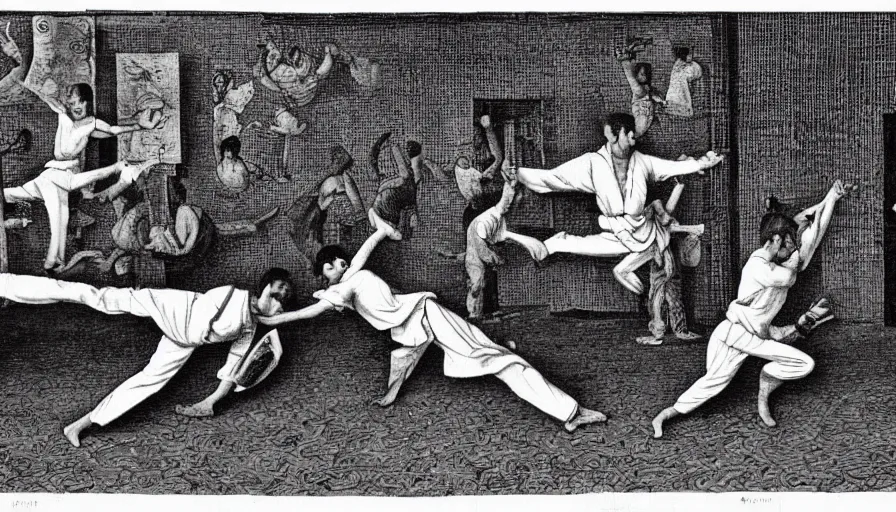 Image similar to capoeira, engraving by escher