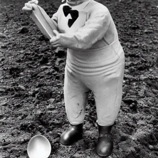 Prompt: slappy the dummy digging with a spoon in his hand, 8k photo