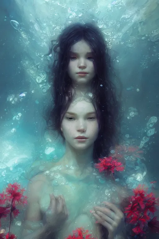 Prompt: face closeup a young beautiful girl drowned in water, underwater photography, swimming, 3 d render, hyper realistic detailed portrait, holding magic flowers, ruan jia, wlop. scifi, fantasy, hyper detailed, octane render, concept art, by peter mohrbacher, by wlop, by ruan jia