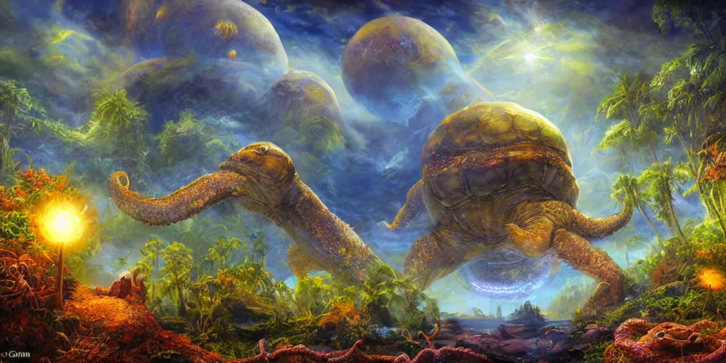 Image similar to fantasy oil painting, klattu's radiant spacecraft, outer worlds, great leviathan, turtle cephalopod terrapin reptilian pachyderm amphibian hybrid, rainforest mountains, lush plants flowers, epic natural light, bright clouds, luminous sky, bright cinematic key lighting, michael cheval, michael whelan, vray, 8 k hd