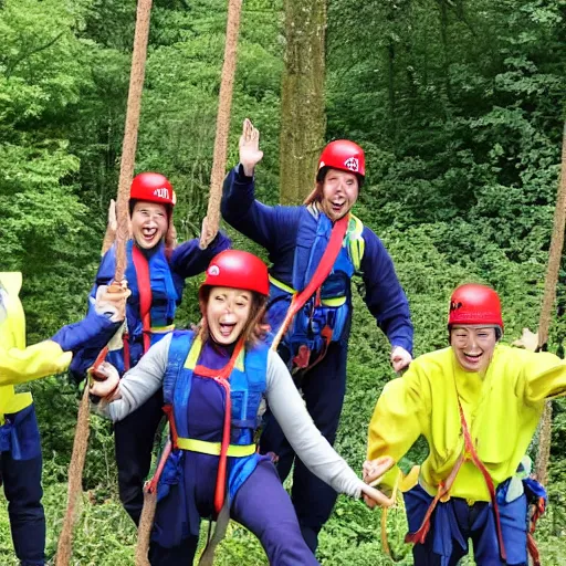 Prompt: a group of go ape instructors cheering with glee at a y - swapper being replaced