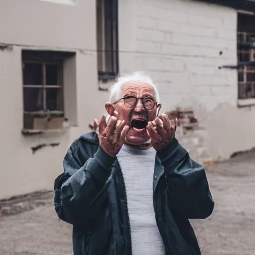 Image similar to An elderly man shouting at the wind, Canon EOS R3, f/1.4, ISO 200, 1/160s, 8K, RAW, unedited, symmetrical balance, in-frame