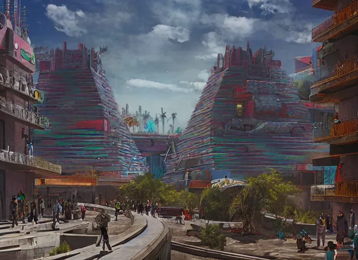 Prompt: street view of a futuristic aztec city in mexico, art by federico pelat and alejandro burdisio and markus vogt, science fiction, cinematic, 8 k resolution