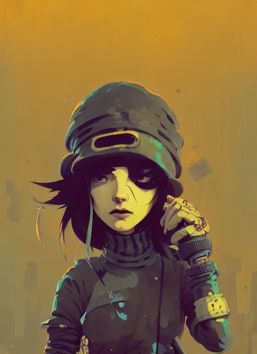 Image similar to highly detailed portrait of a sewer punk young lady by atey ghailan, james gilleard, by joe fenton, by greg rutkowski, by greg tocchini, by kaethe butcher, 4 k resolution, gradient yellow, black, brown and cyan color scheme, grunge aesthetic!!! ( ( dystopian graffiti tag wall in background ) )