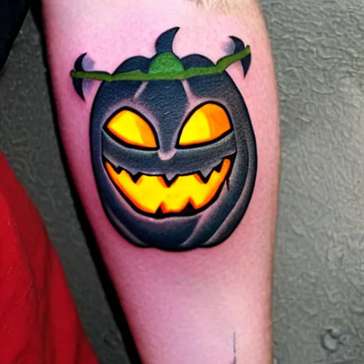 Image similar to cartoon tattoo of an angry pumpkin with glowing eyes