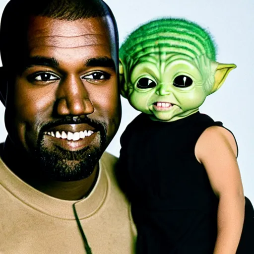 Prompt: kanye west smiling and holding holding babyyoda for a 1 9 9 0 s sitcom tv show, studio photograph, portrait c 1 2. 0