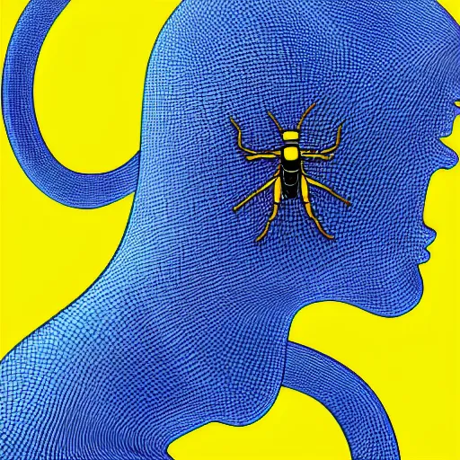 Image similar to human man that resembles a wasp morh in surreal sketch style, blue and yellow gradient, noise, ultrafine detail, hd 8k, logo illustration