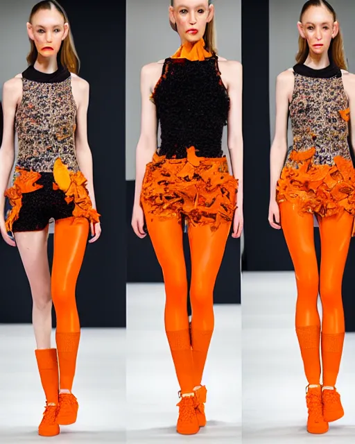 Image similar to multi panel storyboard of olivia wearing an outfit made of orange peels, runway model at new york fashion week, sporty physique, black hair, freckles, pale skin, half body shot, photo by greg rutkowski, stage lighting, soft colors, female beauty, intricate detail, elegance, 3 5 mm, depth of field, masterpiece