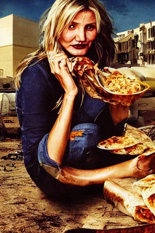 Prompt: portrait of cameron diaz eating a burrito in a post apocalyptic place, hyperealistic by dali