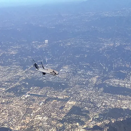 Prompt: photo of kanye west flying above los angeles