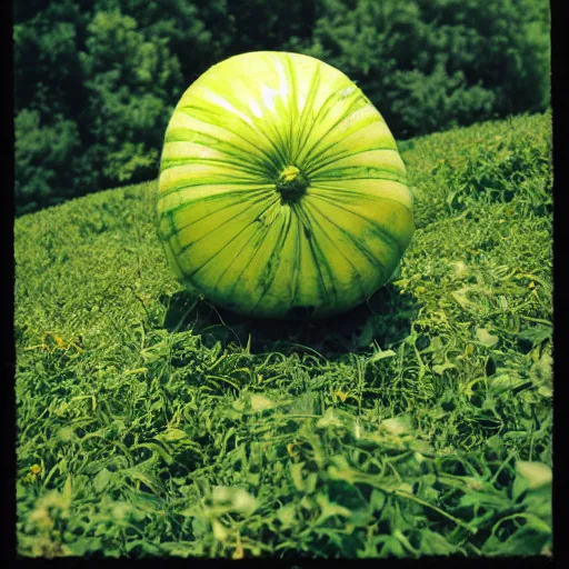 Prompt: completely yellow mellon on a lush green medow. portrait, 3 5 mm