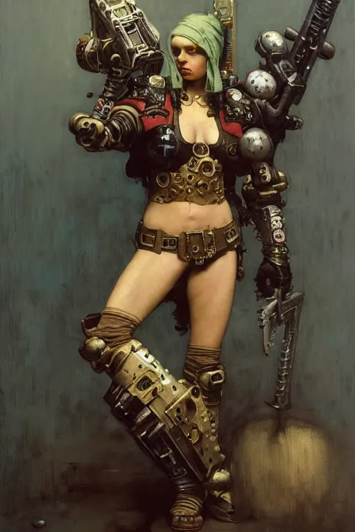 Image similar to full character portrait max mad cyberpunk warhammer 4 0 k, barbarian tech priest supersoldier not the girl with the pearl earring character design, painting by gaston bussiere, katsuya terada, nc wyeth, greg rutkowski, craig mullins, vermeer, frank frazetta, mucha, tom of finland, trending on artstation, jeffery catherine jones