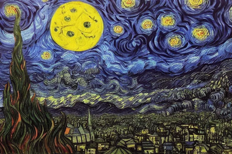 Image similar to man is seeing old god cthulhu terrifying the night sky of a city, epic scene oil painting hyper - detailed realistic dark - art painted by van gogh