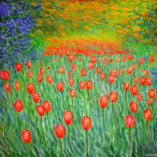 Image similar to Wild tulips in a natural forest in monet style