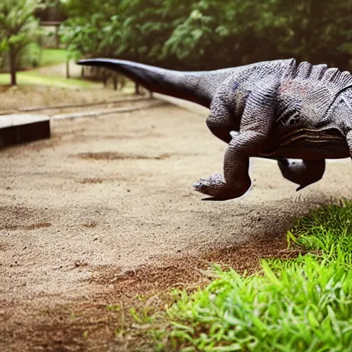 Image similar to a dinosaur walking in the yard, Photoshot, realistic