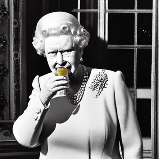 Image similar to Queen Elizabeth drinking beer from a shoe