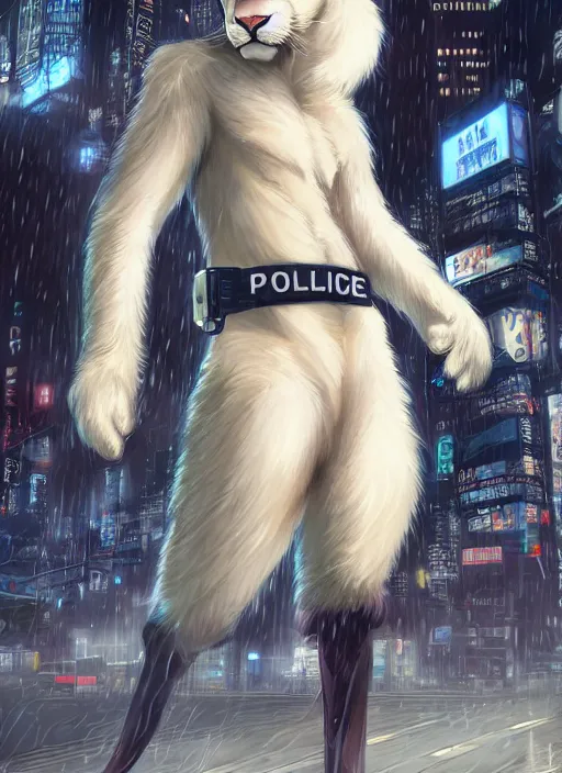 Image similar to character portrait of a male anthro albino mountain lion fursona with a tail and a cute beautiful attractive furry face wearing a police uniform in a cyberpunk city at night while it rains. hidari, color page, tankoban, 4K, tone mapping, Akihiko Yoshida.