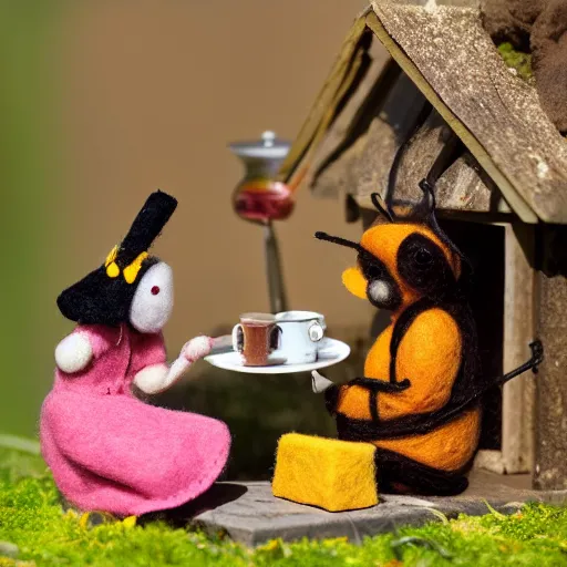 Image similar to an anthropomorphic stop motion little worker bee having a tea party with another worker at the entrance of their hive while on break, both are wearing victorian dresses, photography, felt, plush, yarn, high resolution, photorealistic, national geographic