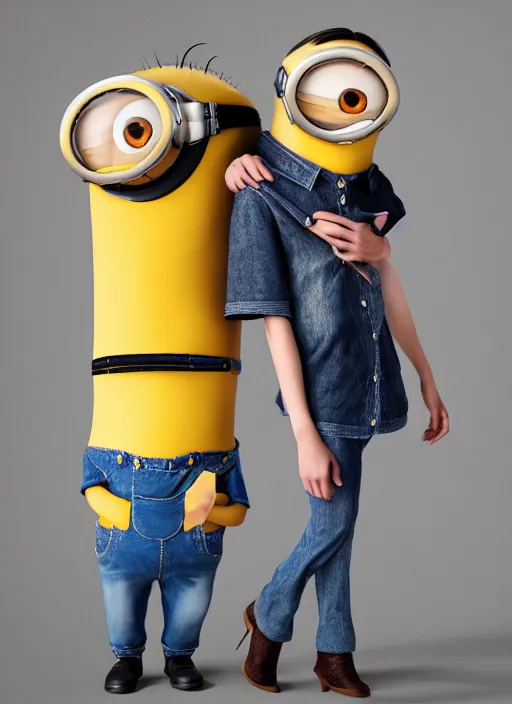 Image similar to minions-inspired fashion, high quality fashion model photo