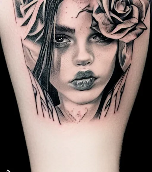 Image similar to tattoo design on white background of a beautiful girl warrior, roses, hyper realistic, realism tattoo, by eliot kohek, beautiful eyes, realistic face, black and white