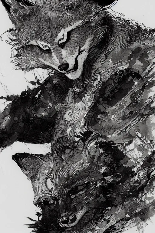 Image similar to portrait of a man in kitsune demon fox mask and black suit, pen and ink, intricate line drawings, by craig mullins, ruan jia, kentaro miura, greg rutkowski