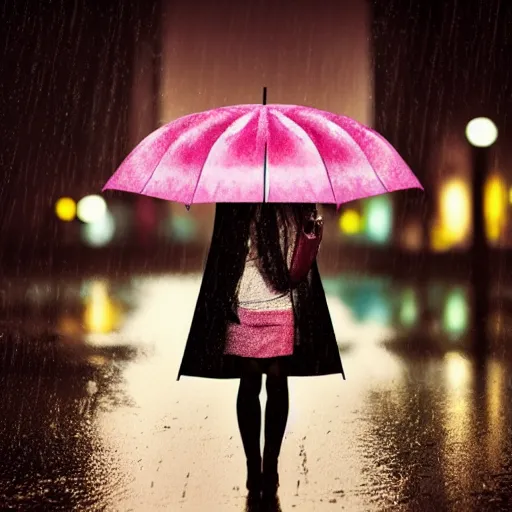 Prompt: rain, pattern, retrowave, umbrella, girl