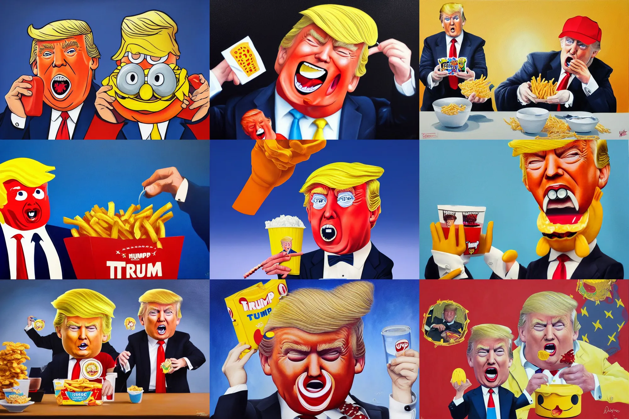 Prompt: donald trump eating a happy meal, dynamic pose, an ultrafine detailed painting by berkeley breathed, trending on deviantart, pop surrealism, whimsical, lowbrow, perfect symmetrical face, sharp focus, octane, masterpiece