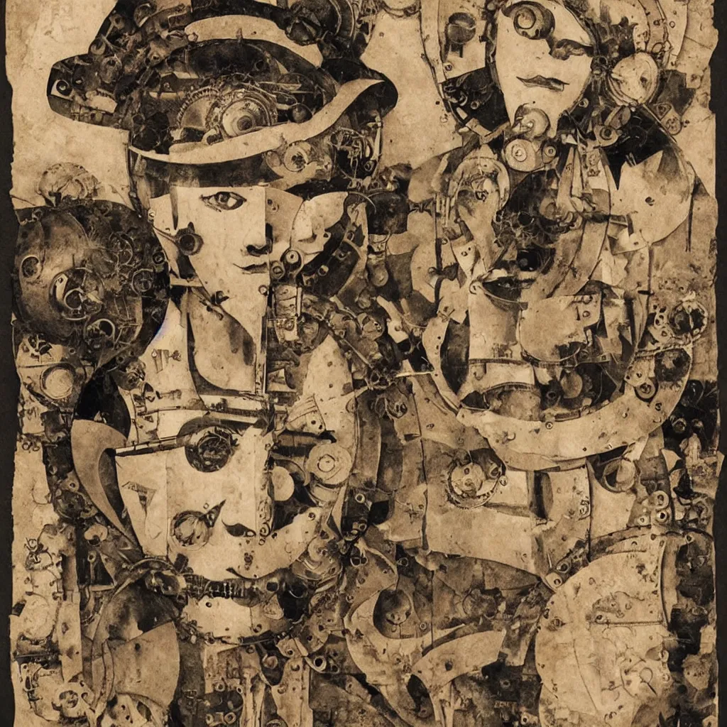 Image similar to steampunk boy with a super detailed and intricate mask, collage in the style of hannah hoch