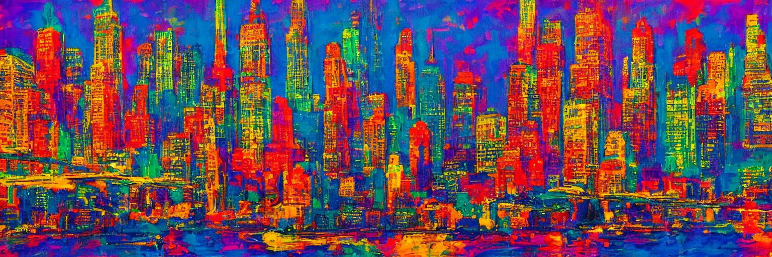 Prompt: a colorful landscape of new york by night in the style of alberto mielgo