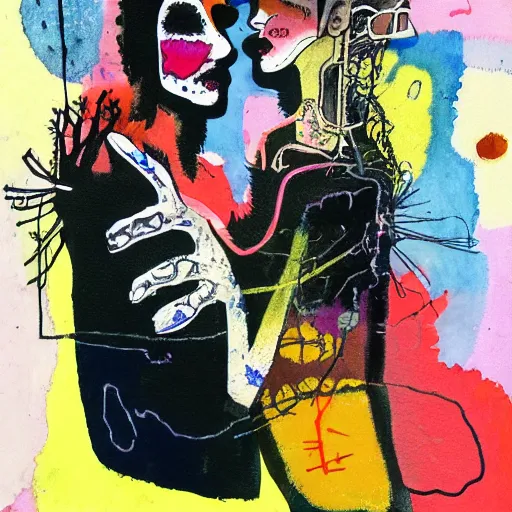 Image similar to watercolor painting of two bizarre psychedelic goth women kissing each other closeup in a space station in japan, speculative evolution, mixed media collage by basquiat and jackson pollock, maximalist magazine collage art, sapphic art, lesbian art, chemically damaged