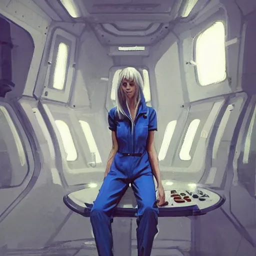 Image similar to concept art by greg rutkowski, a very tall, and slender blonde woman, wearing blue utilitarian jumpsuit, sitting in the spaceship command bridge, brutalist futuristic interior, dark lighting atmosphere, detailed portraits, nostalgic atmosphere, scifi, digital painting, artstation, concept art, smooth, sharp foccus ilustration, artstation hq