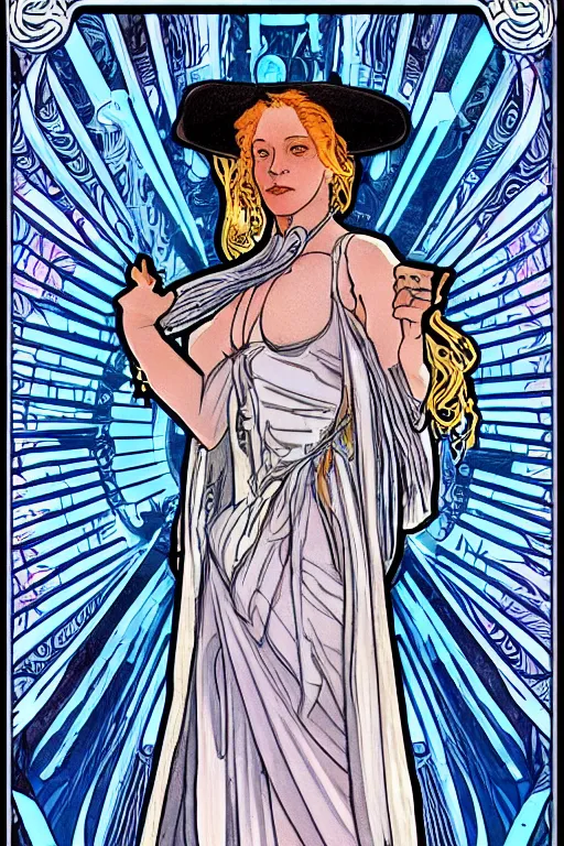 Image similar to delores from westworld in blue dress as a goddess of cyborg in alfons mucha style